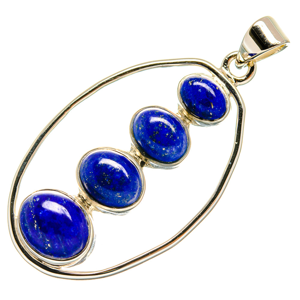 Lapis lazuli bead pendant with oval sterling silver frame and bail, four blue cabochons