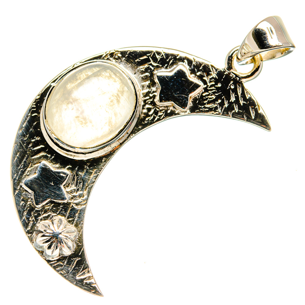 Sterling silver moonstone crescent pendant with star motifs and top bail loop