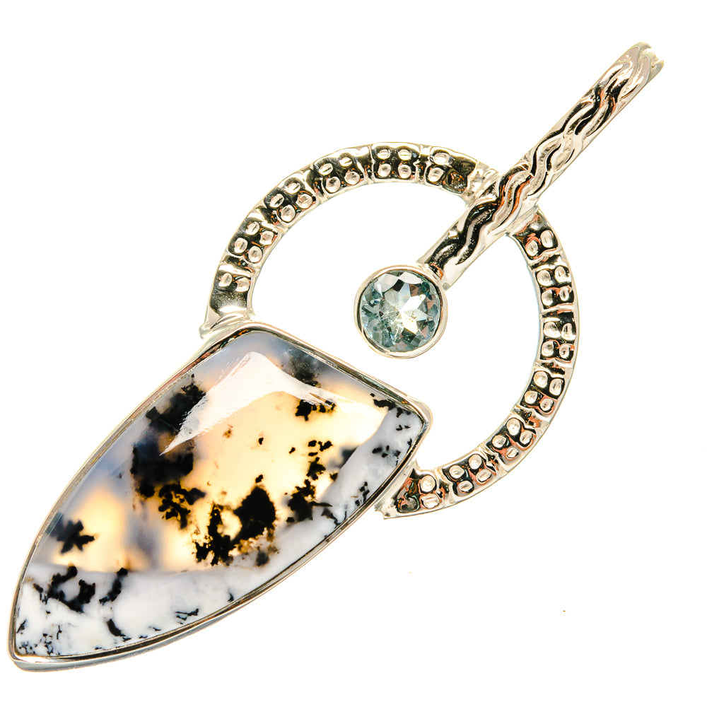 Dendritic opal teardrop pendant, blue topaz round stone in sterling silver oval frame