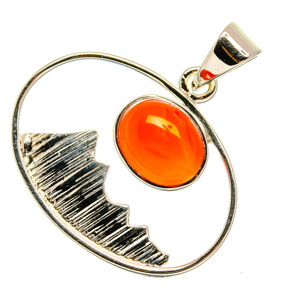 Oval 925 sterling silver carnelian pendant with orange stone and textured skyline frame