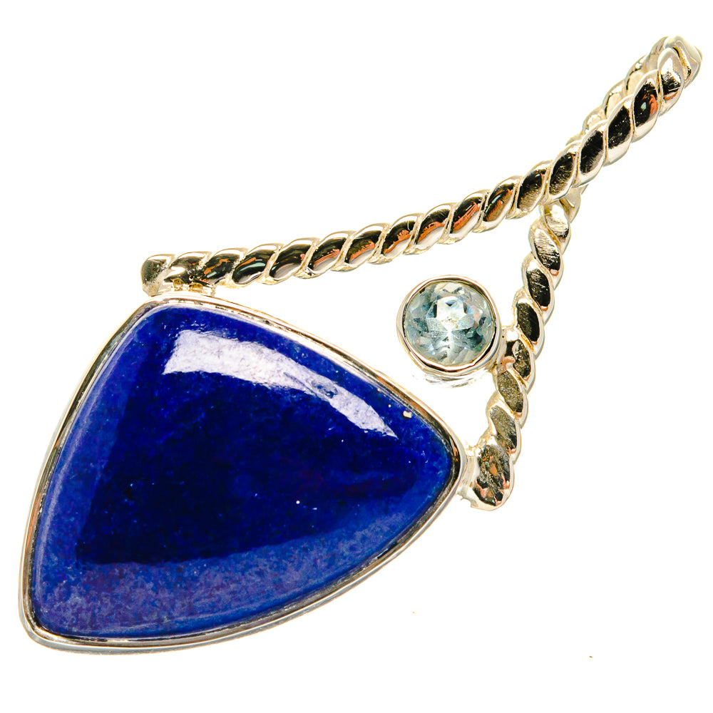Lapis lazuli teardrop pendant with round blue topaz, ornate 925 sterling silver bail and chain