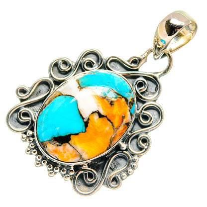 Spiny oyster turquoise pendant, 925 sterling silver oval setting with top bail and stone