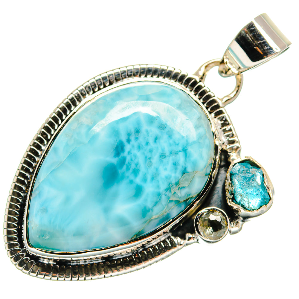 925 sterling silver pendant: oval larimar-blue stone with small crystal and green accents