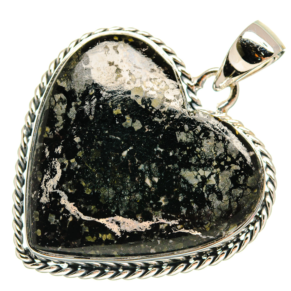 Black onyx heart pendant with gold pyrite flecks, 925 sterling silver rope frame