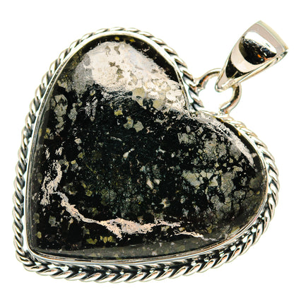 Black onyx heart pendant with gold pyrite flecks, 925 sterling silver rope frame