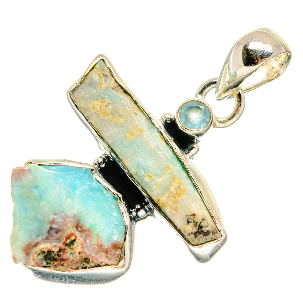 Sterling silver pendant with rough aqua chalcedony bar, aqua round stone, top bail