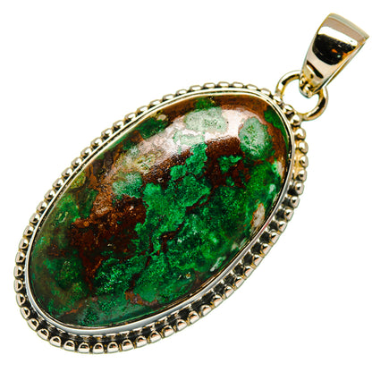 925 sterling silver chrysocolla pendant with teardrop cabochon, green stone texture
