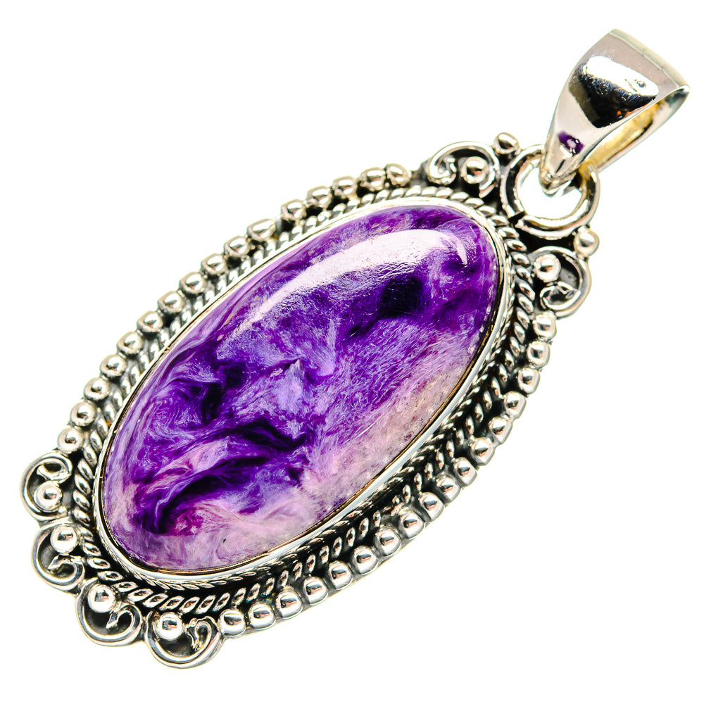 Oval purple charoite pendant in ornate 925 sterling silver bezel with top bail