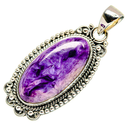 Oval purple charoite pendant in ornate 925 sterling silver bezel with top bail