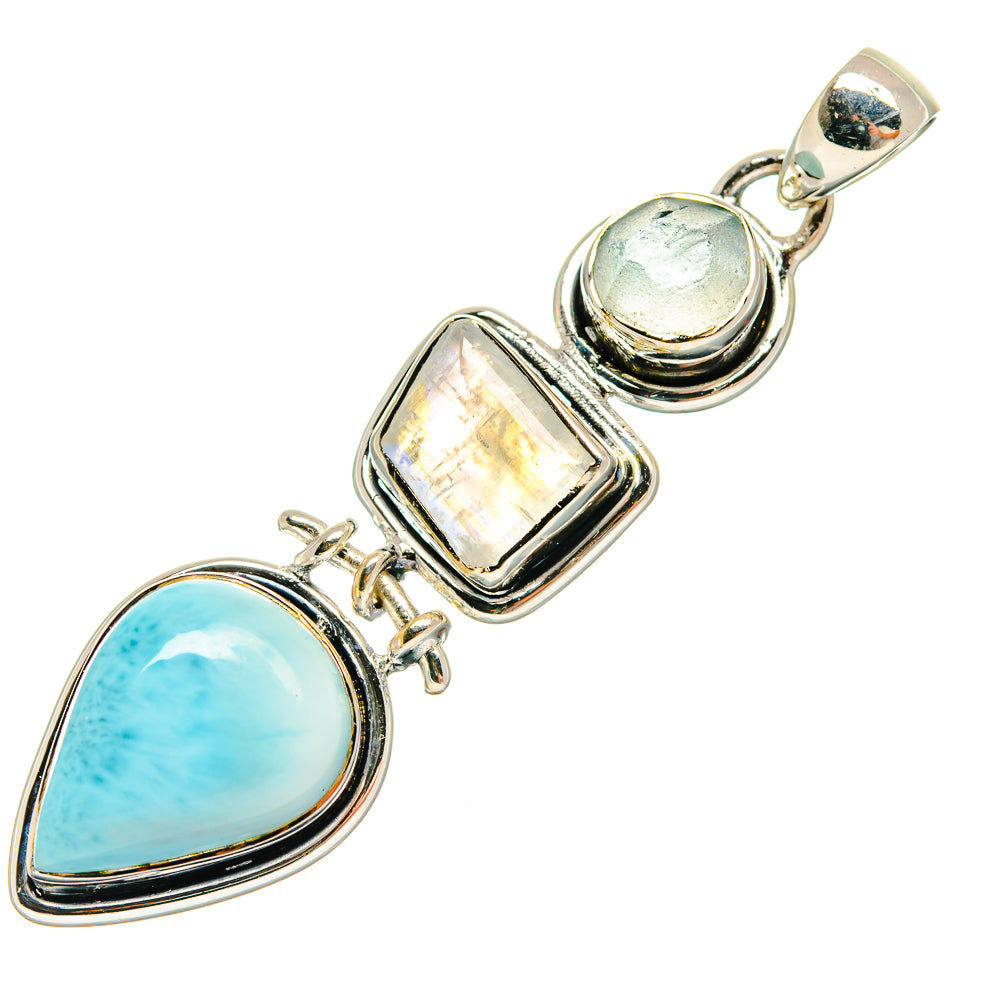 Three-stone 925 sterling silver pendant with blue oval, iridescent rectangle, and top oval.