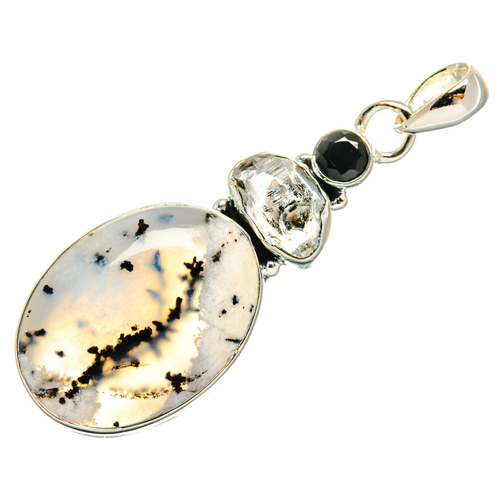 Sterling silver pendant with oval dendritic opal and black onyx accents, drop style