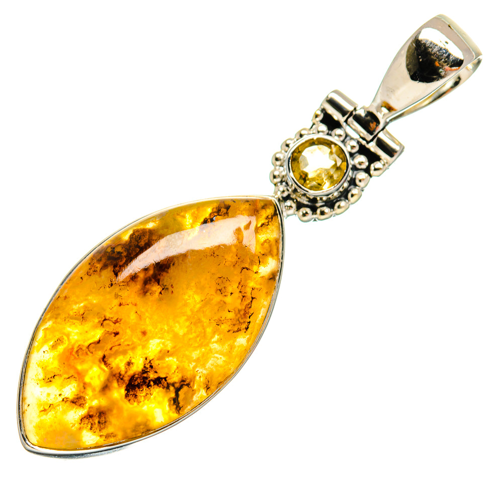 Amber teardrop agate pendant with round citrine bezel, 925 sterling silver bail