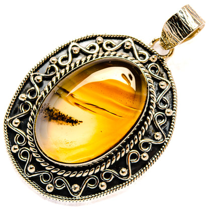 925 sterling silver Montana agate pendant, golden amber oval stone with decorative border and bail