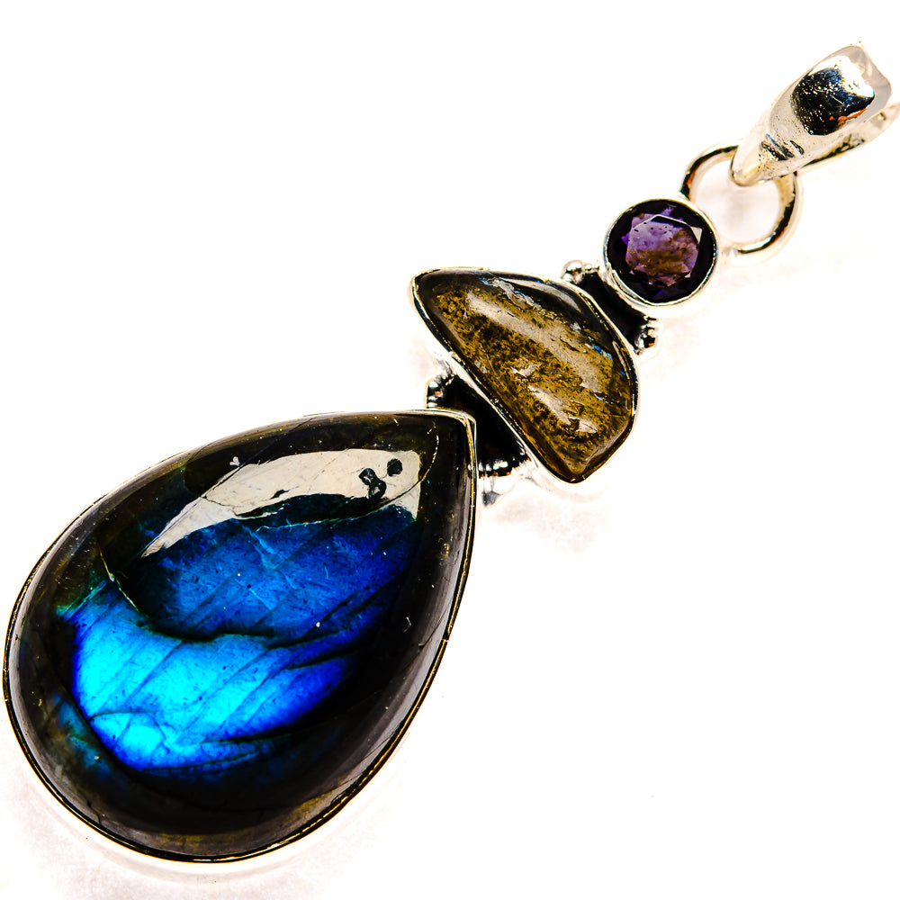 Sterling silver labradorite teardrop pendant with round purple stone accents