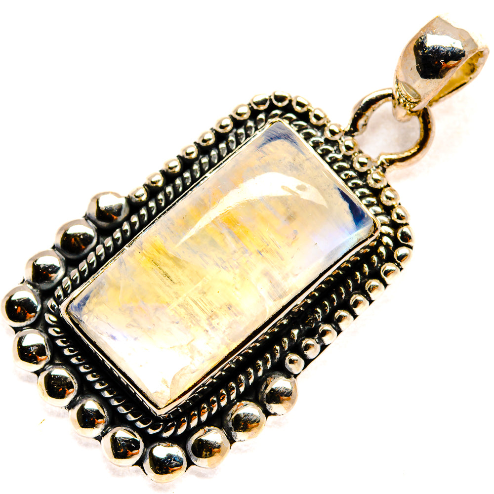 925 sterling silver moonstone pendant with rectangular rainbow stone and beaded border