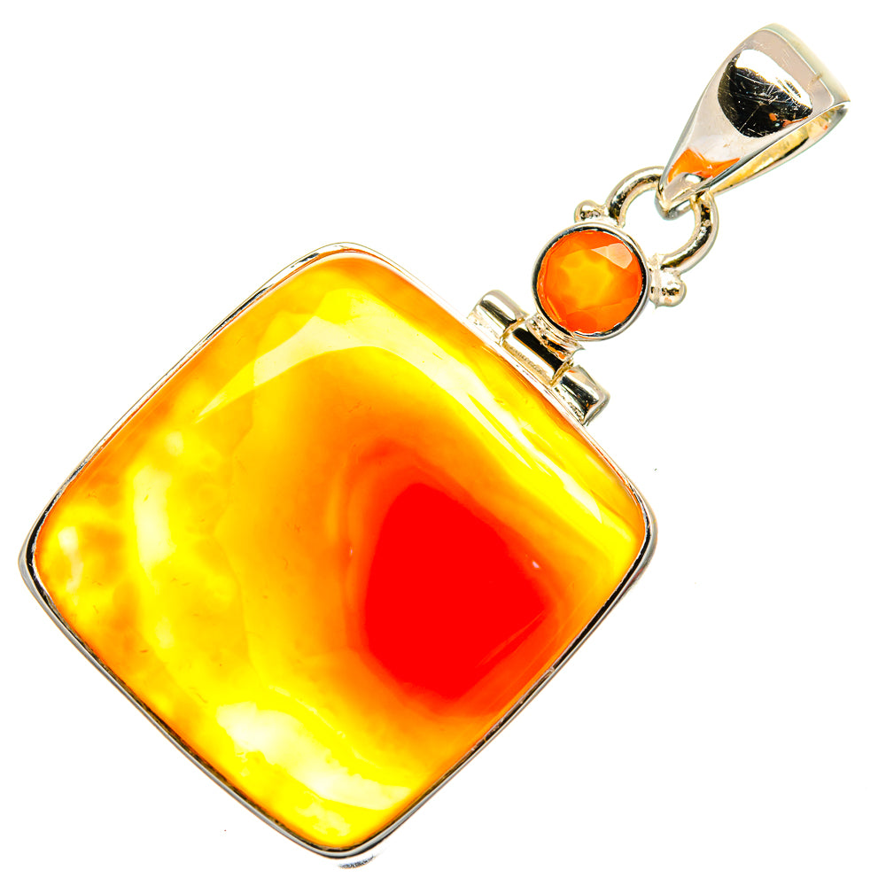 Orange-gold square gemstone pendant with silver-tone bezel and hinged bail