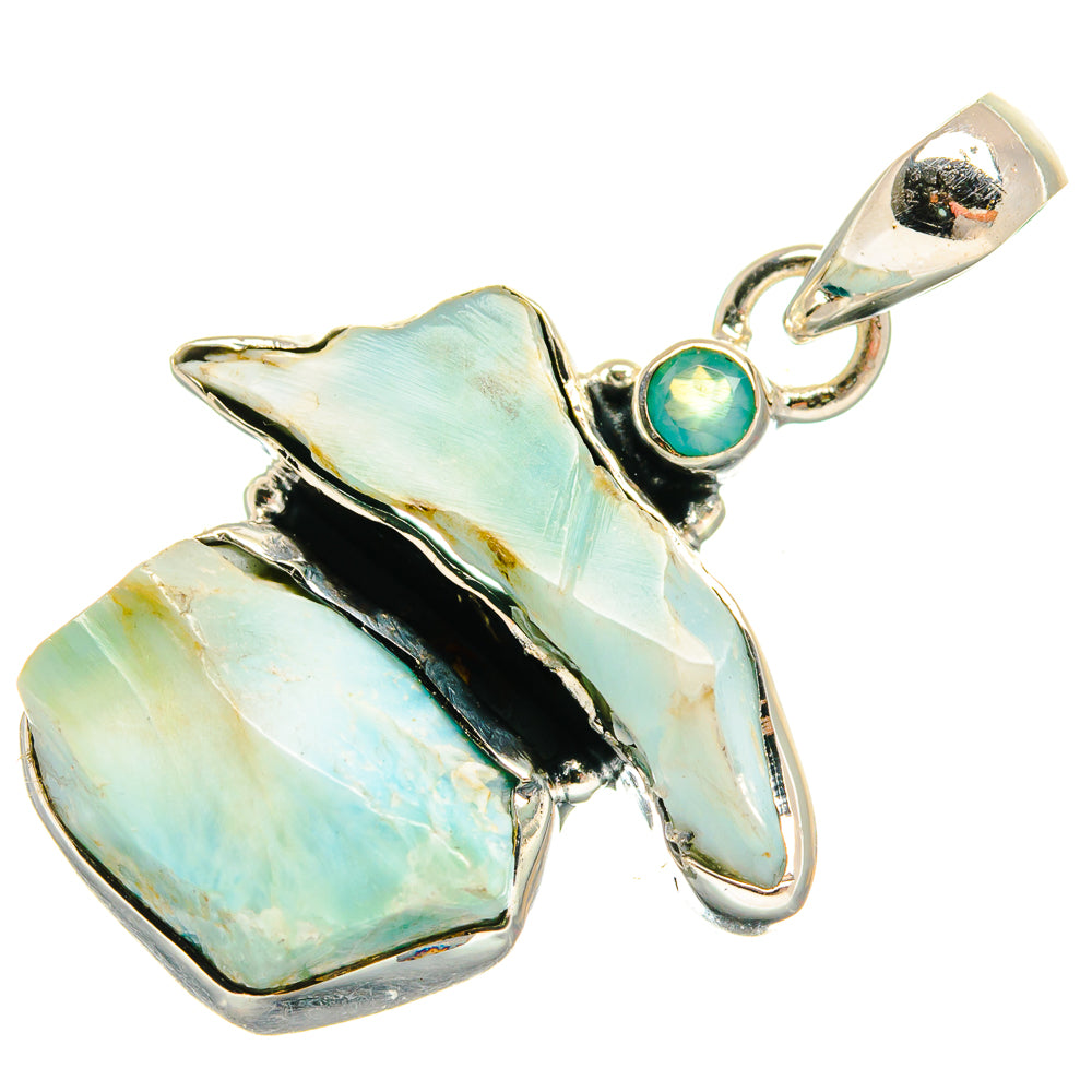 Sterling silver pendant with rough aqua chalcedony cluster and small teal round gemstone on top.