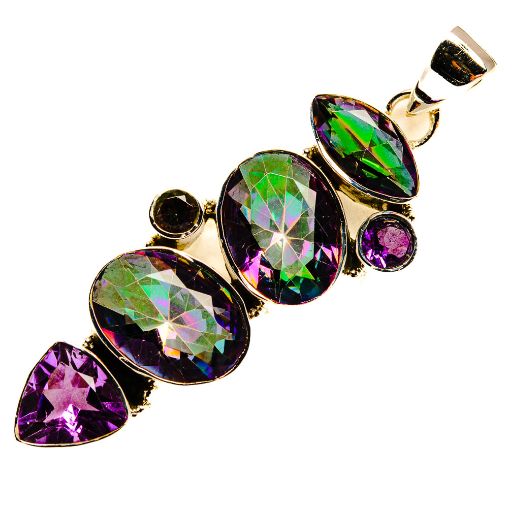 Sterling silver oval and round gemstone pendant, rainbow-like center with purple stones