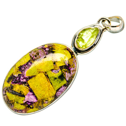 Oval 925 sterling silver pendant with peridot-green cabochon and yellow-purple mosaic stone
