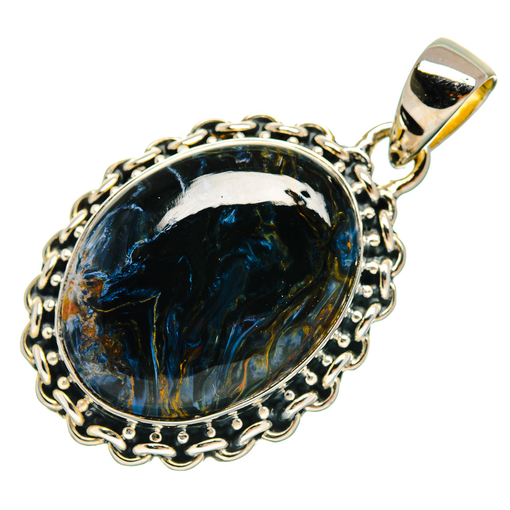 Sterling silver oval pietersite pendant, blue cabochon in ornate frame