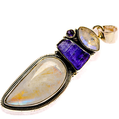 925 sterling silver pendant with oval rainbow moonstone, purple tanzanite bar, round gem