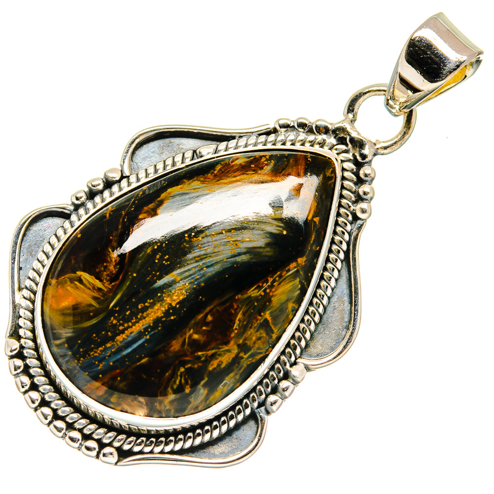 925 sterling silver teardrop pendant with pietersite cabochon, gold-brown and dark marbling
