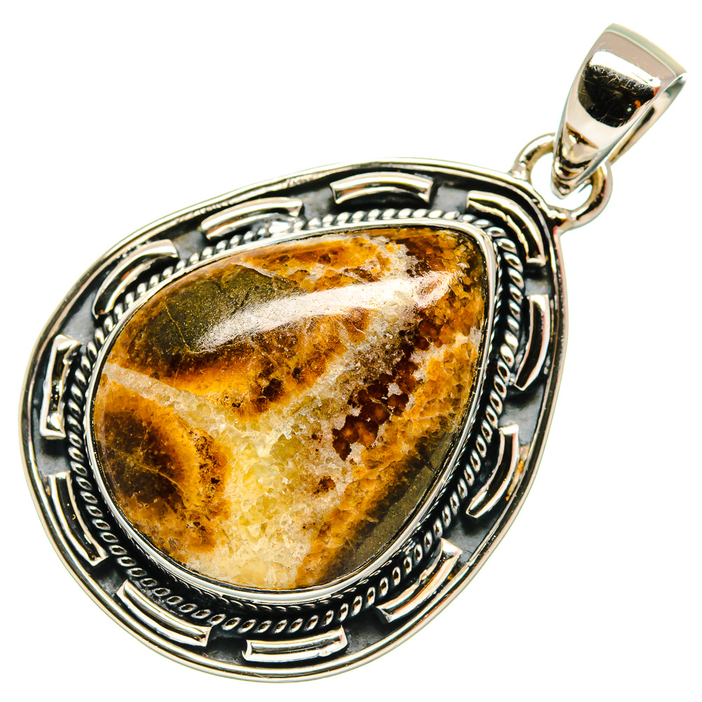 Septarian nodule pendant with oval amber-brown stone in ornate 925 sterling silver setting