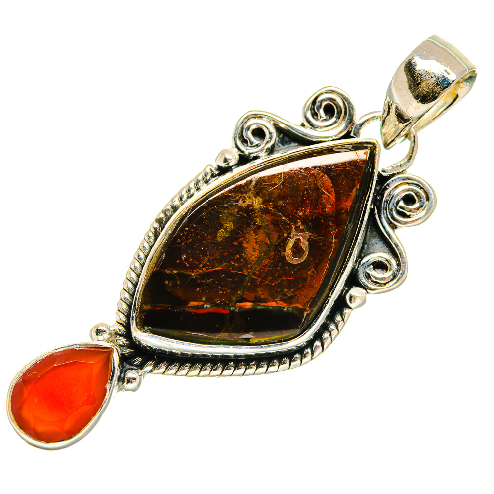 925 sterling silver pendant with dark ammolite teardrop and red carnelian drop