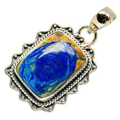 Sterling silver azurite pendant with ornate frame and blue gemstone, teardrop bail.
