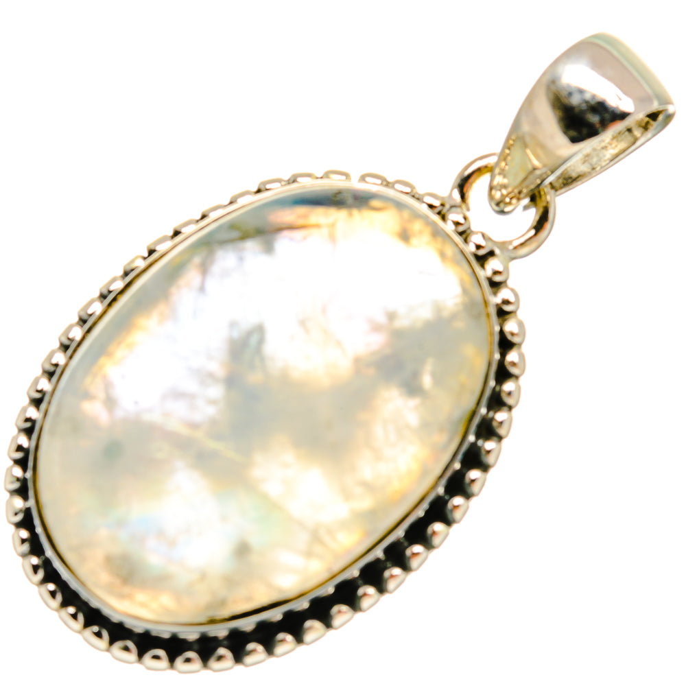 Oval moonstone pendant with iridescent shimmer, sterling silver bezel and dark edged border.