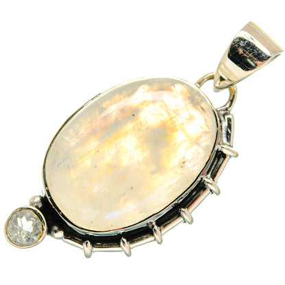 Oval opalescent moonstone pendant with silver prong setting and round side stones, 925.