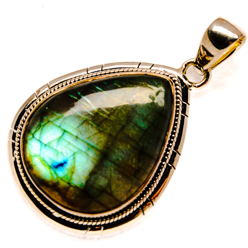Teardrop labradorite pendant, 925 sterling silver bezel, green-blue flash gemstone