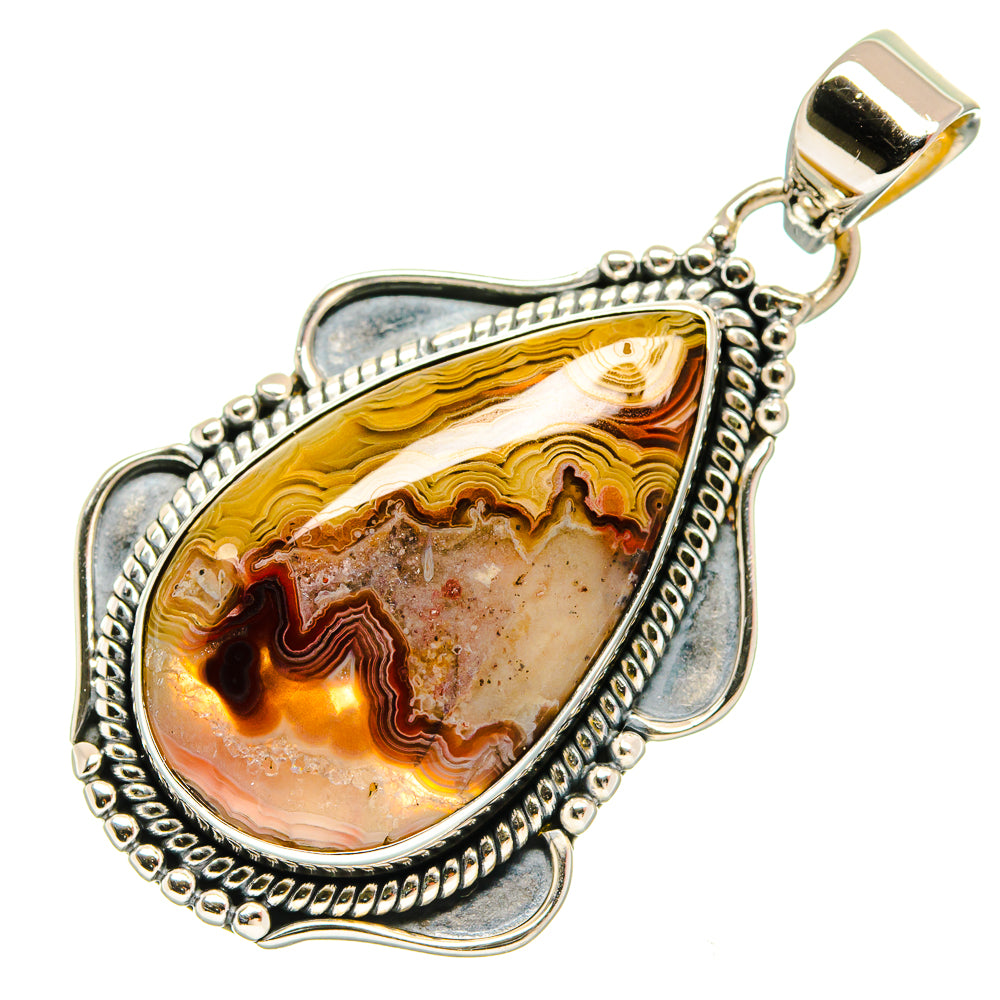 Teardrop agate pendant with yellow-brown banded stone bezel in 925 sterling silver