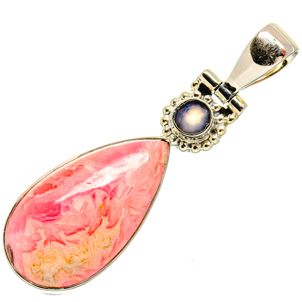 Sterling silver pendant with teardrop pink stone and round blue gemstone halo