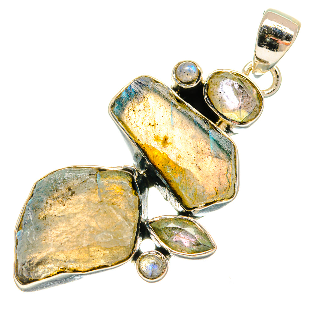 Rough labradorite pendant with multiple bezel-set stones in polished 925 sterling silver