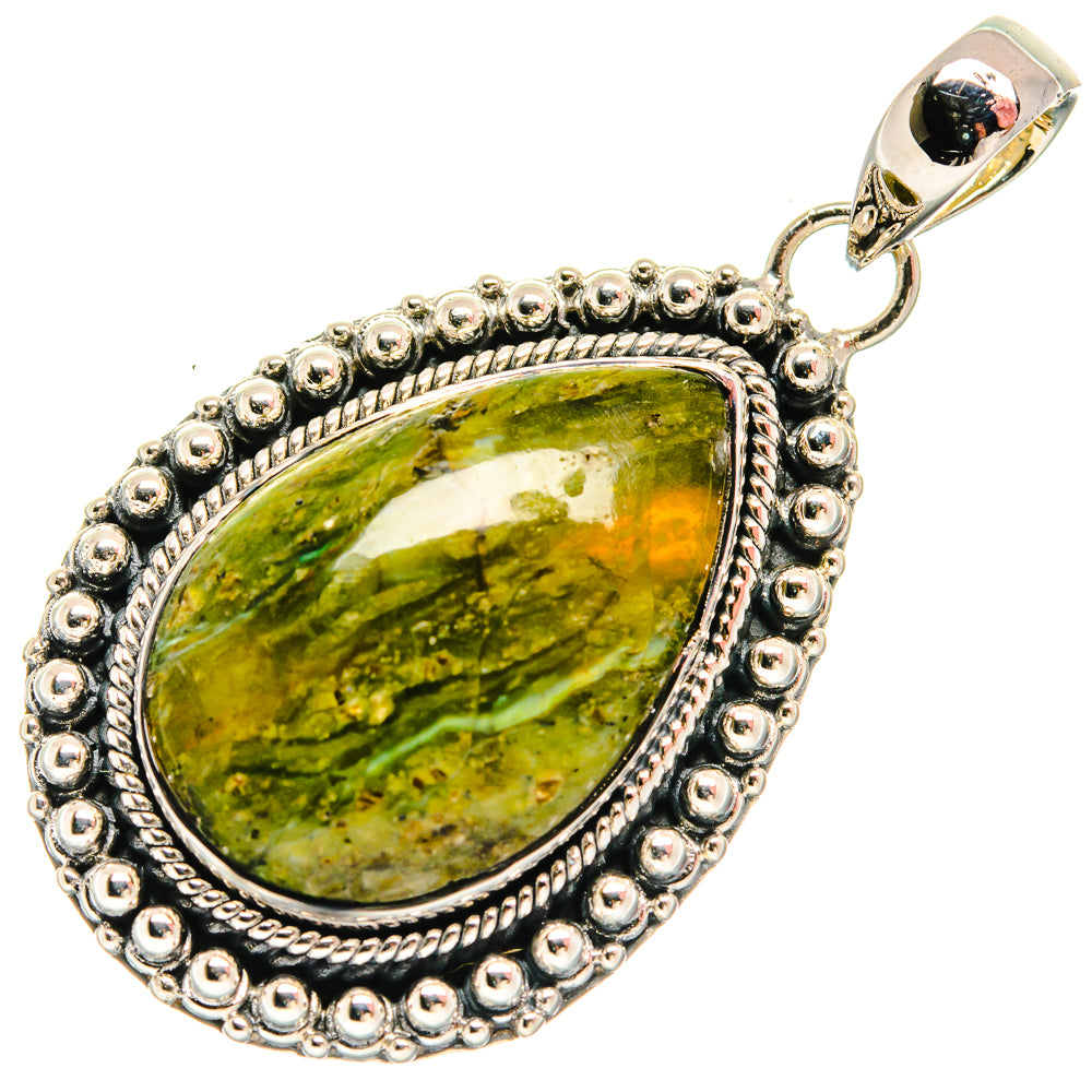 925 sterling silver teardrop jasper pendant with ornate bead border and green stone