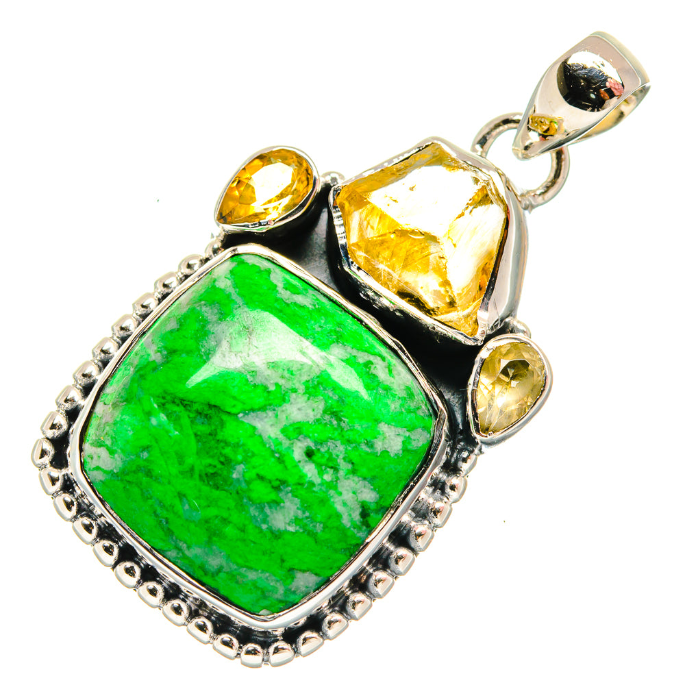 Sterling silver pendant with green maw sit sit cabochon and yellow citrine accents
