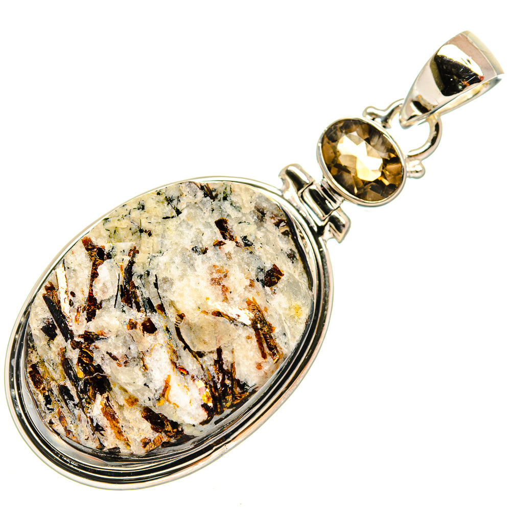 Oval rough mineral pendant with smoky quartz accent set in polished 925 sterling silver