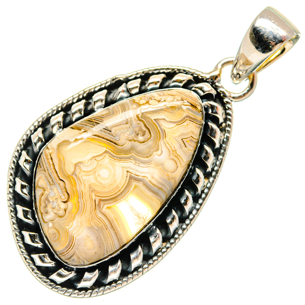 Oval lace agate pendant with swirling beige and gold stone, sterling silver frame