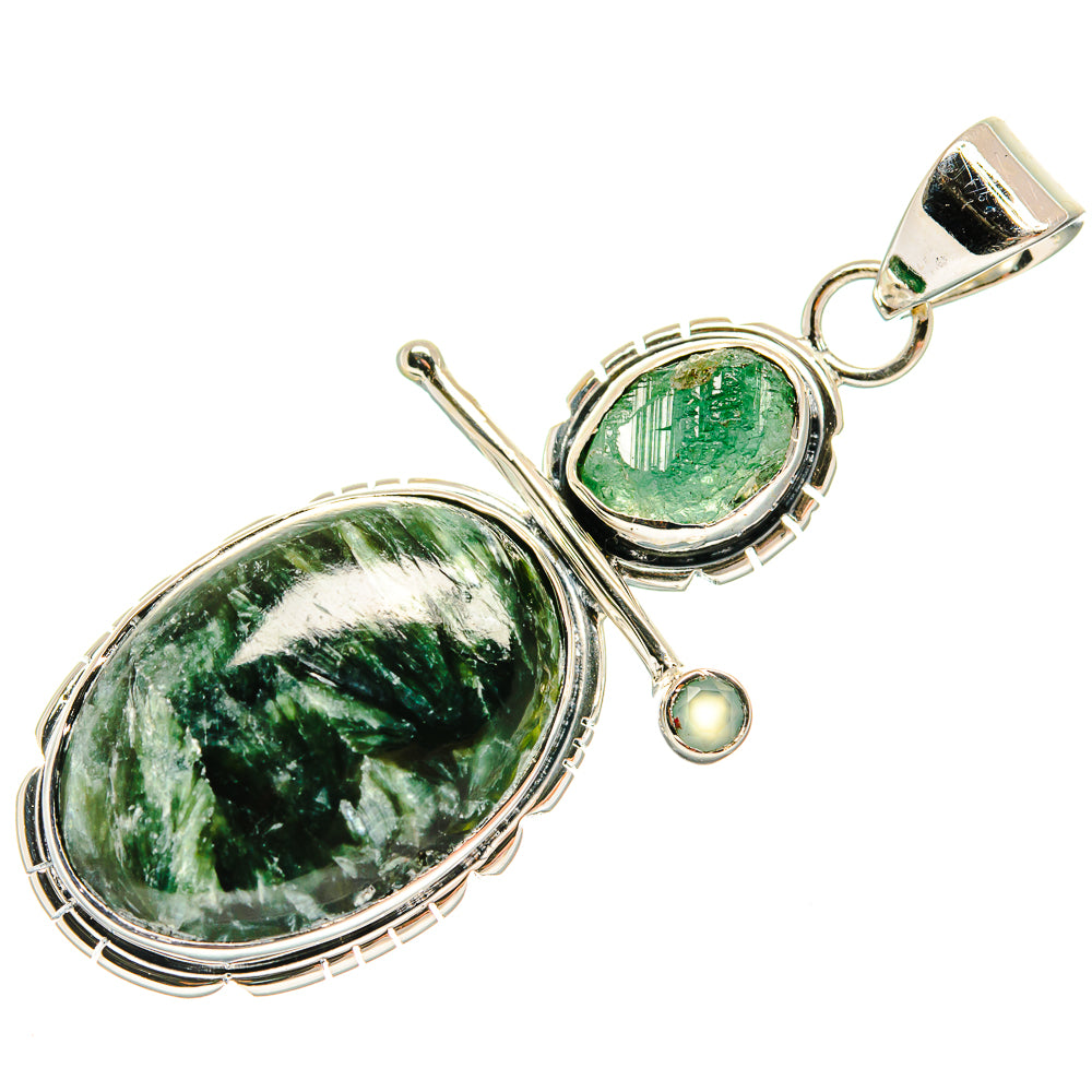 925 sterling silver pendant with oval green stone, round green cabochon, and bail