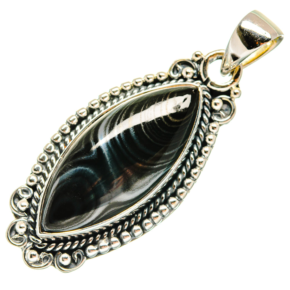 Oval black psilomelane pendant in ornate 925 sterling silver bezel with bail loop