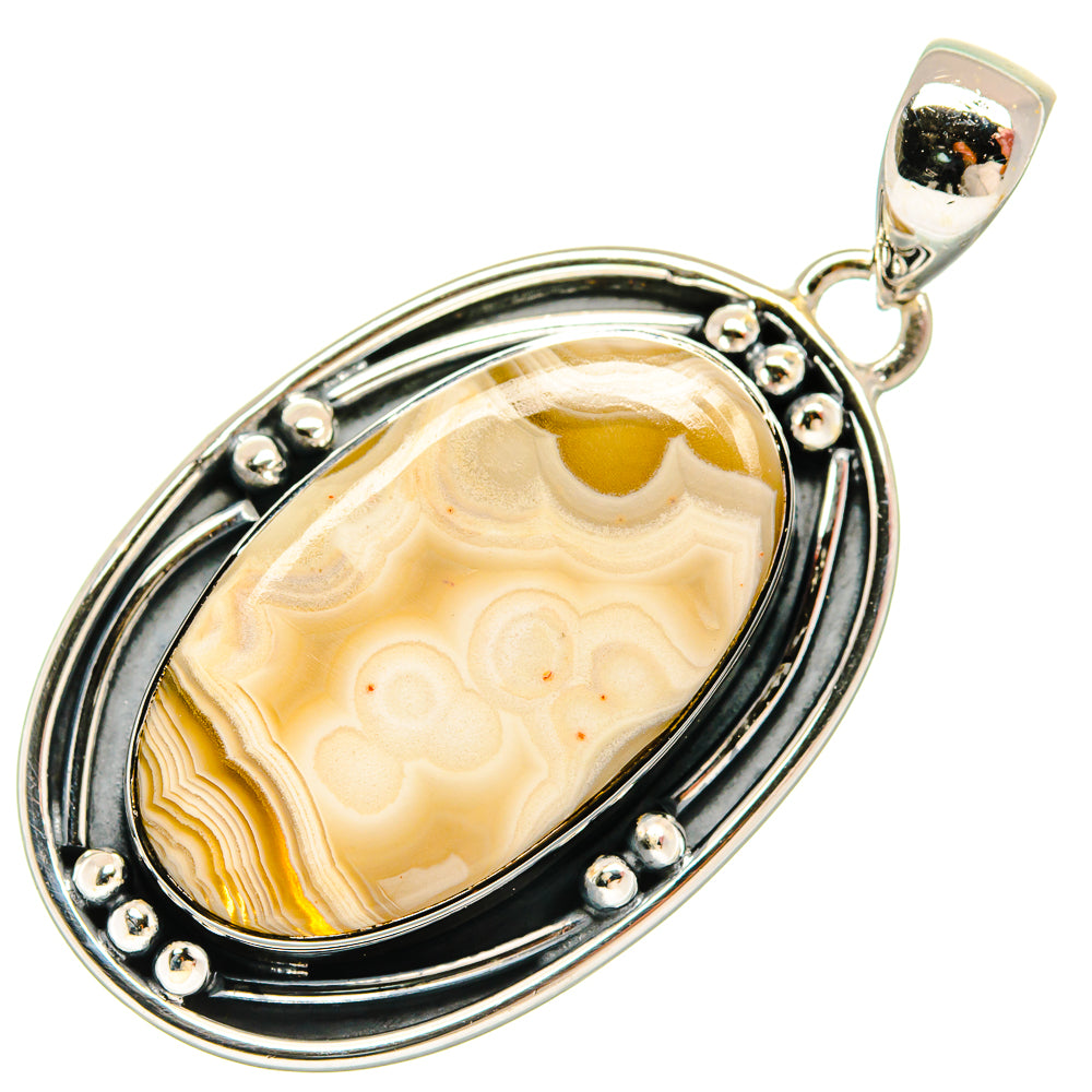 Ocean jasper oval pendant, 925 sterling silver bail with black-rim frame and polished beads