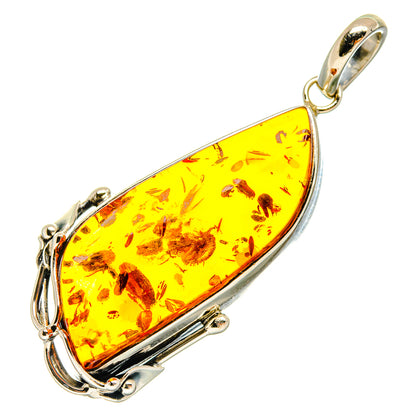 Yellow amber teardrop pendant with 925 sterling silver frame and top bail