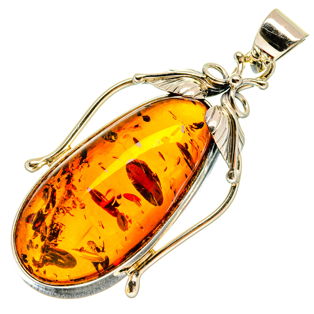 Amber teardrop pendant, 925 sterling silver with leaf bail and loop