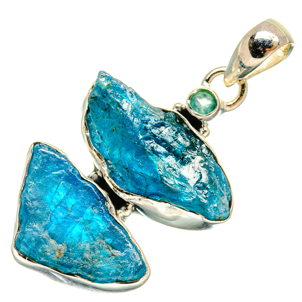 Rough aqua chalcedony pendant, 925 sterling silver, with round green accent at bail