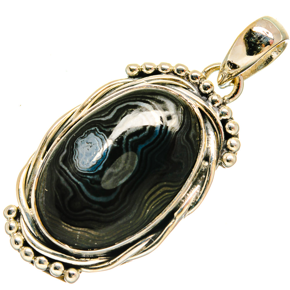 Oval sterling silver psilomelane pendant with black-gray swirl stone and bead-edged frame