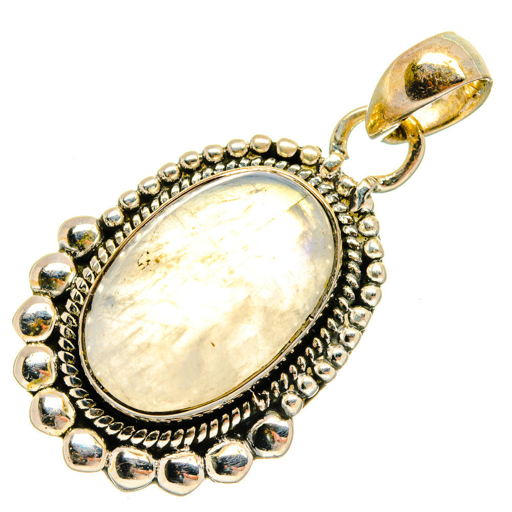 Oval moonstone pendant with ornate bead-edge frame and gold-tone bail, side view.