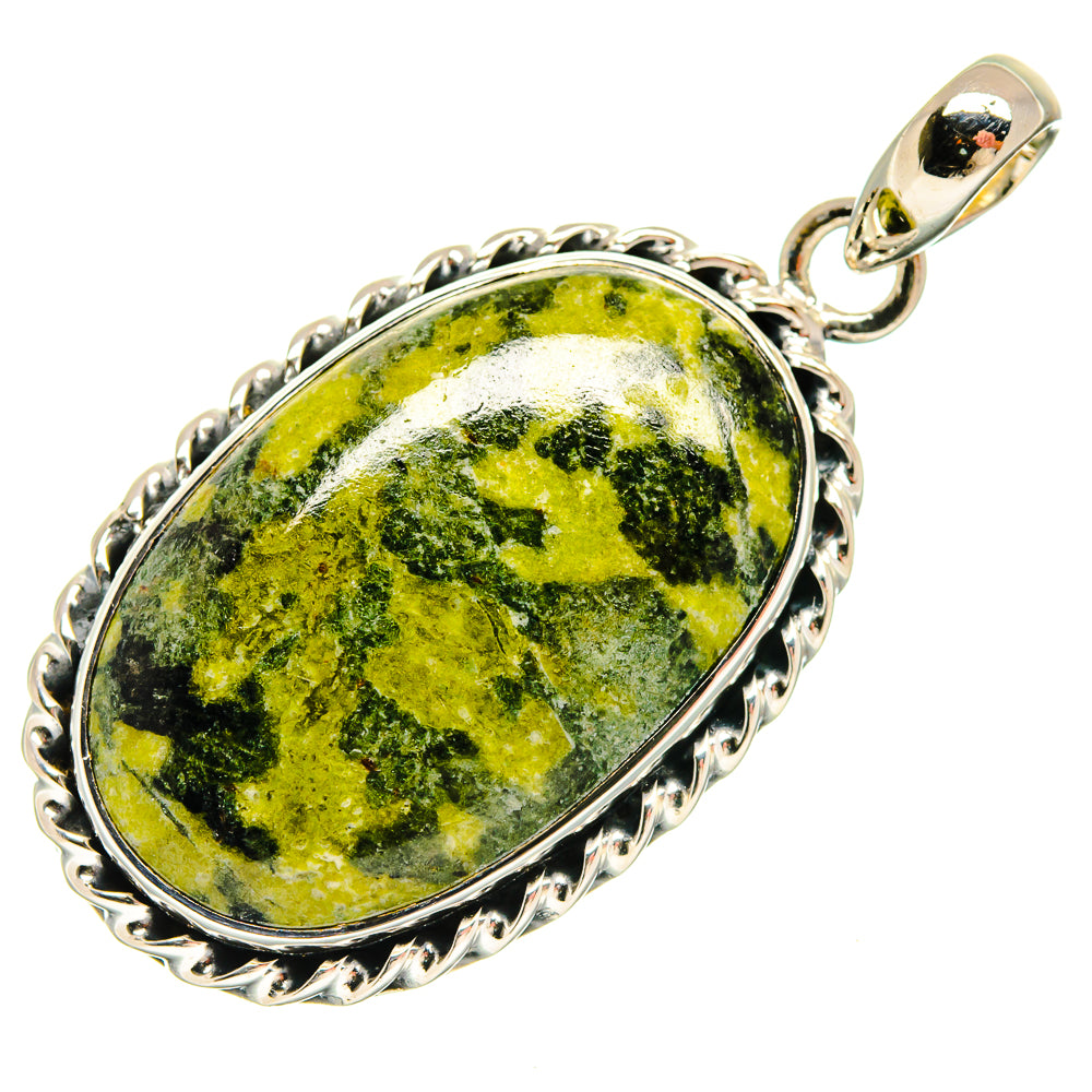 Oval green Rainforest jasper pendant with 925 sterling silver frame and loop bail
