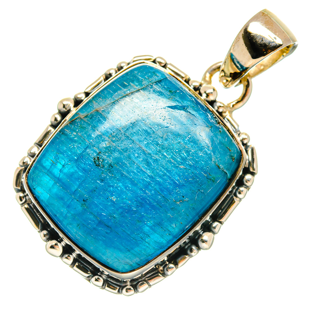 Blue apatite pendant with rectangular stone, sterling silver bezel and chain bail