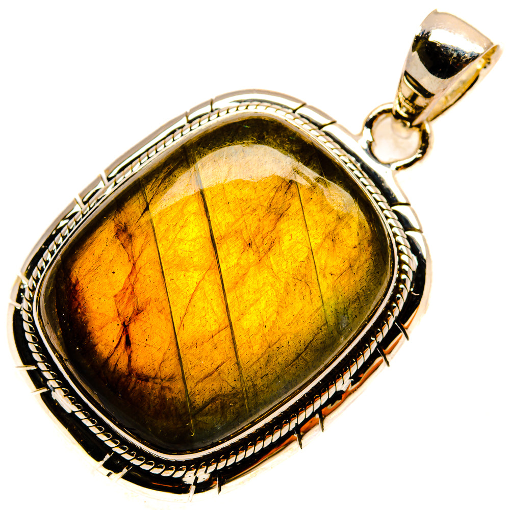 Oval labradorite pendant with ornate 925 sterling silver bezel, gold-green flash